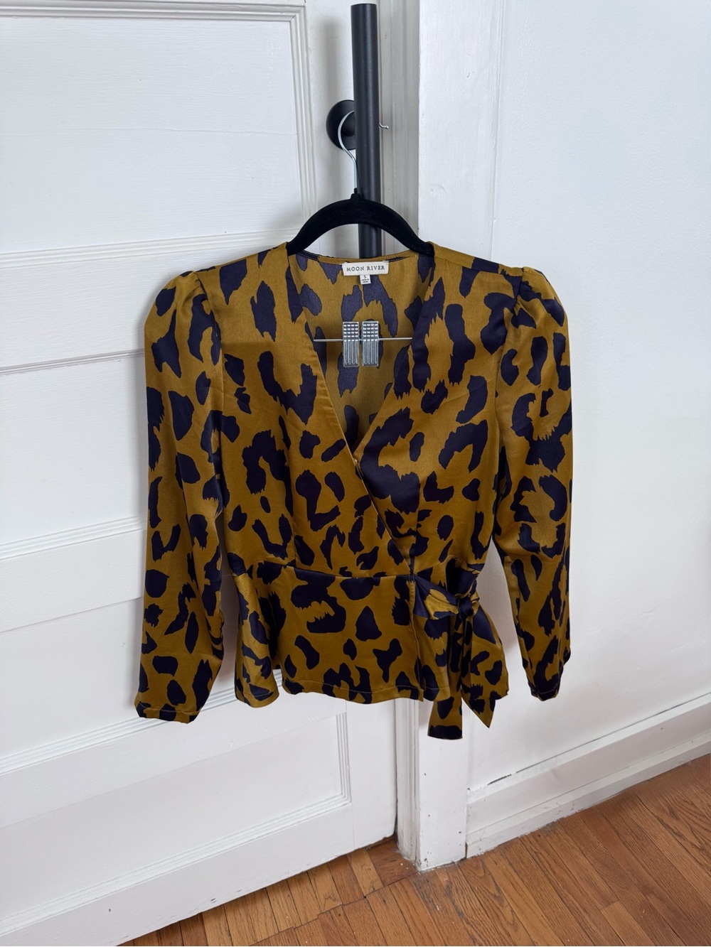 Moon River Olive Green Leopard Wrap Blouse